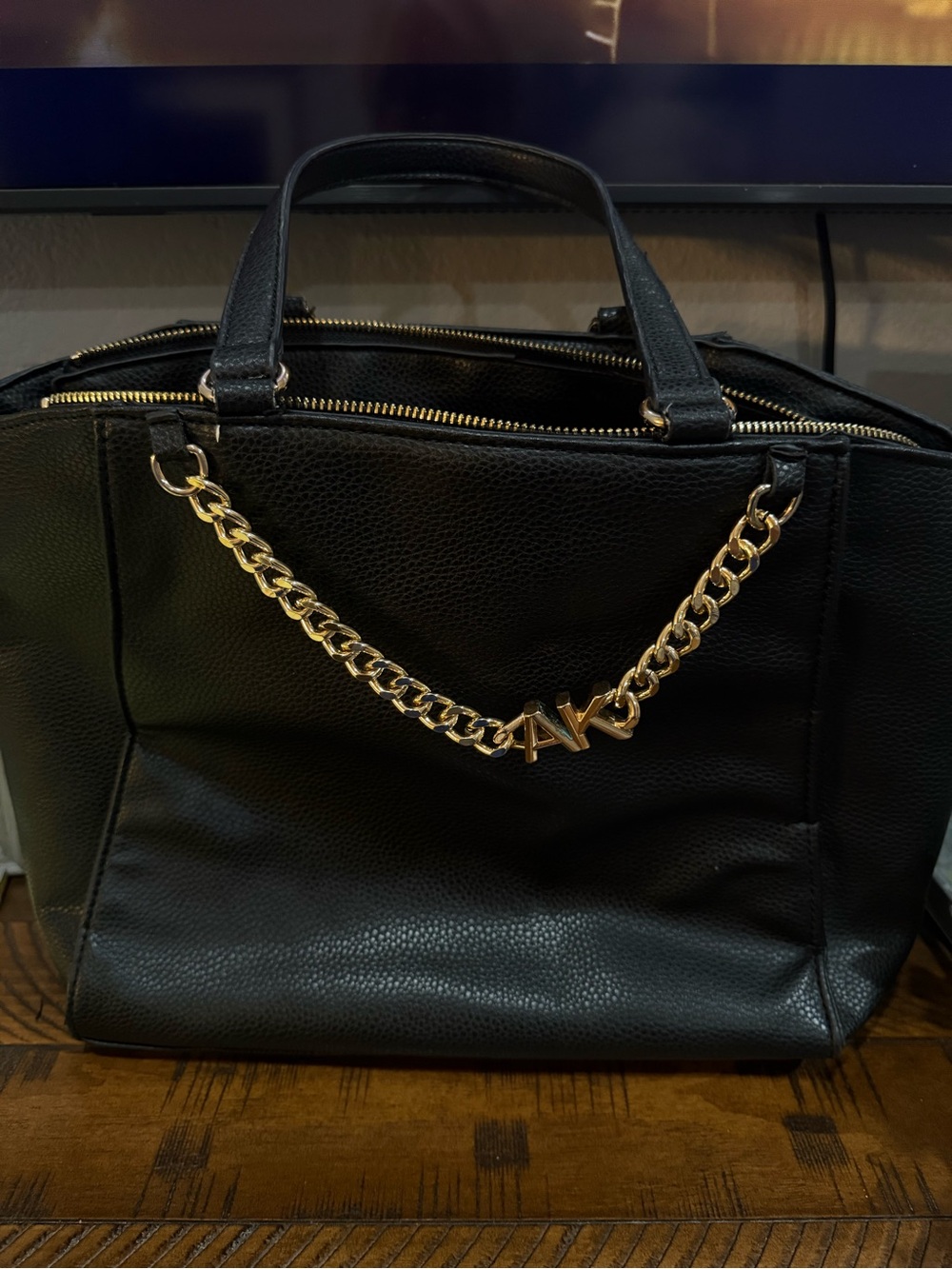 Anne Klein Black Shoulder Bag Gold Chain AK Logo Classic Handbag